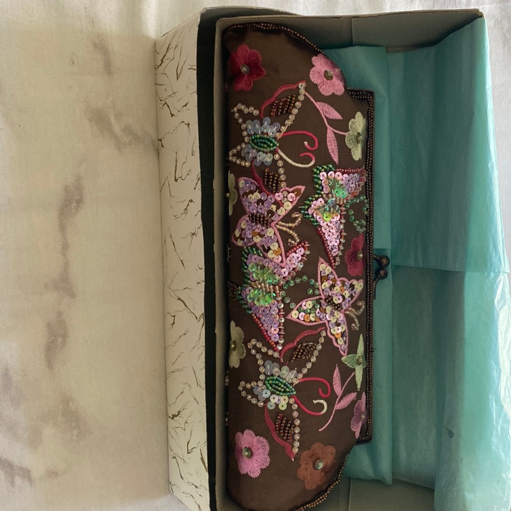 brown satin evening bag with pink butterfly beading & embroidered flowers.